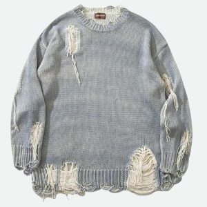 Y2K Grunge Tasseled Distressed Sweater for Trendy Aesthetic Outfits