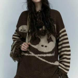 Y2K Grunge Tasseled Hooded Sweater for Trendy Summer Outfits