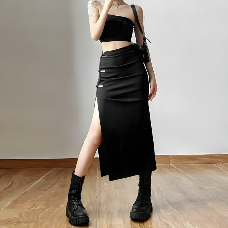 Y2K High Split Midi Pencil Skirt for Chic Dark Academia Aesthetic