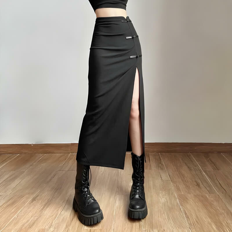 Y2K High Split Midi Pencil Skirt for Chic Dark Academia Aesthetic