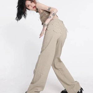 Y2K High Waist Cargo Jeans with Star Pockets for Trendy Summer Outfits