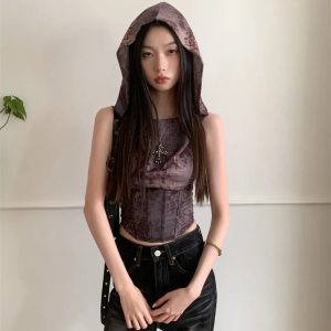 Y2K Hooded Corset Top: Trendy Grunge Aesthetic for Summer Outfits