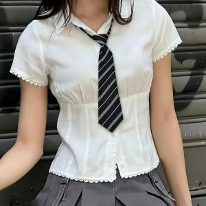 Y2K-Inspired College Shirt with Striped Tie for Trendy Outfits