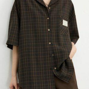 Y2K-Inspired Dark Academia V-Neck Plaid Shirt for Aesthetic Outfits