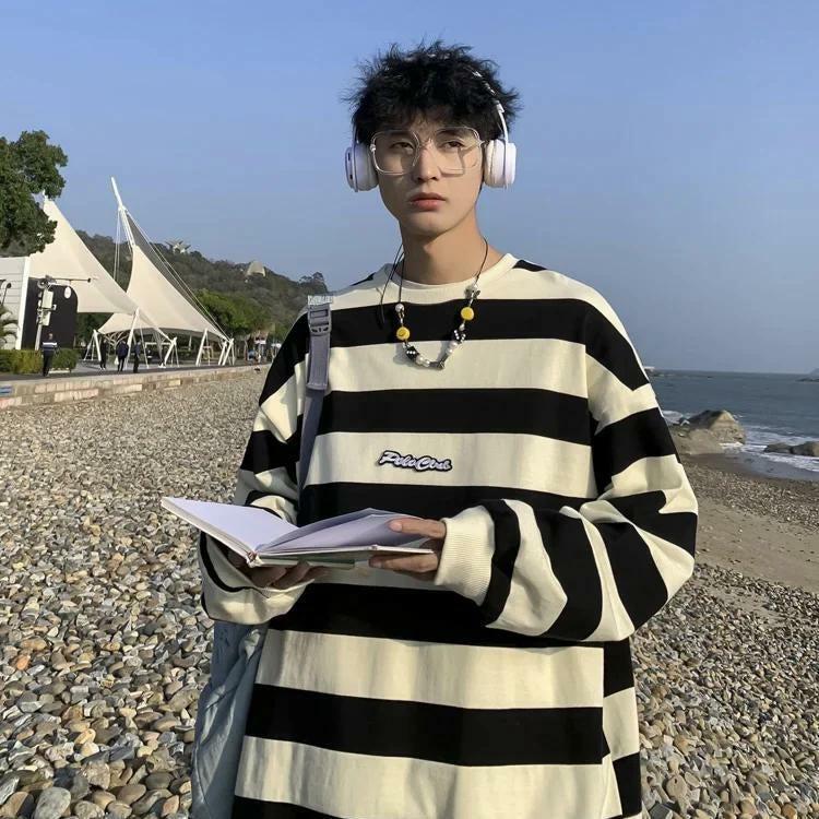 Y2K Inspired Embroidered Striped Sweatshirt for Trendy Aesthetic Looks