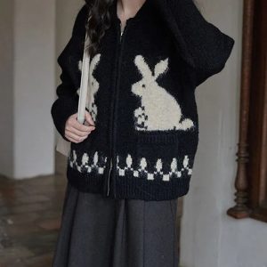 Y2K-Inspired Rabbit Knitted Zip Cardigan for Cozy Summer Outfits