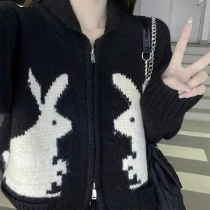 Y2K-Inspired Rabbit Knitted Zip Cardigan for Cozy Summer Outfits