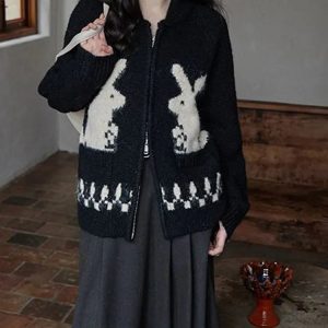 Y2K-Inspired Rabbit Knitted Zip Cardigan for Cozy Summer Outfits