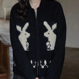 Y2K-Inspired Rabbit Knitted Zip Cardigan for Cozy Summer Outfits