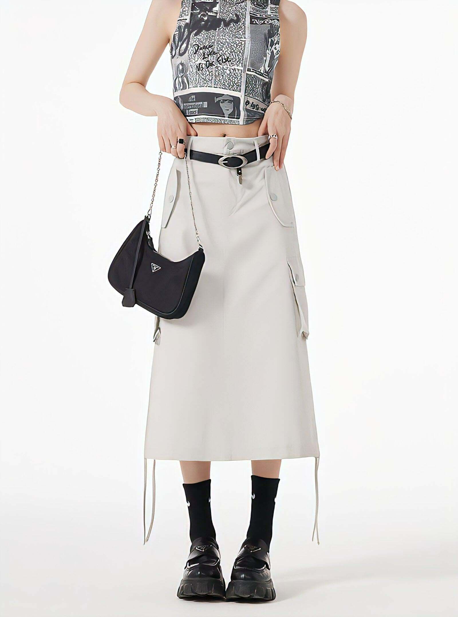 Y2K-Inspired Slit & String Detailed Cargo Midi Skirt for Trendy Outfits