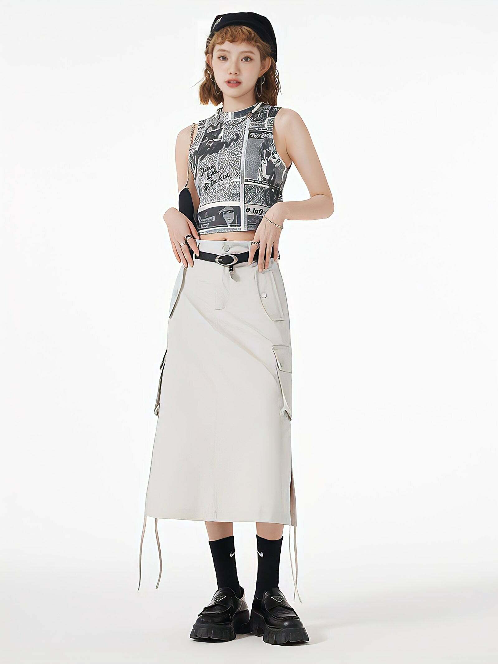 Y2K-Inspired Slit & String Detailed Cargo Midi Skirt for Trendy Outfits