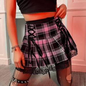 Y2K Lace Up Plaid Skirt: Trendy Grunge Aesthetic for Summer Outfits