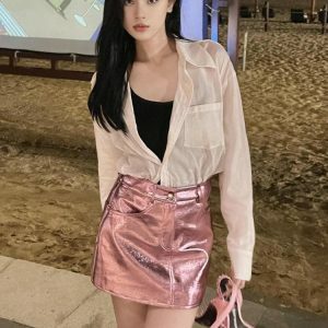 Y2K Metallic Faux Leather Mini Skirt for Trendy Summer Outfits