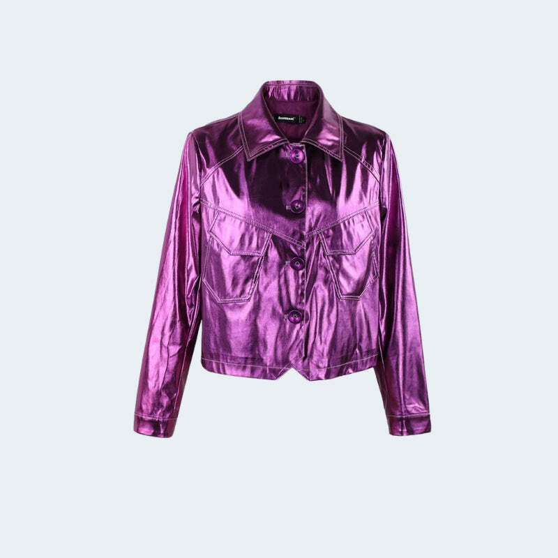 Y2K Metallic Fuchsia Faux Leather Jacket for Trendy Summer Outfits