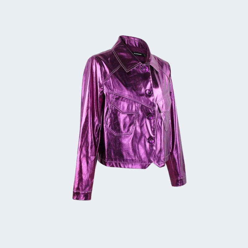 Y2K Metallic Fuchsia Faux Leather Jacket for Trendy Summer Outfits