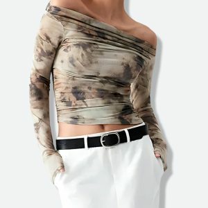 Y2K Off Shoulder Ruched Mesh Top for Trendy Summer Outfits