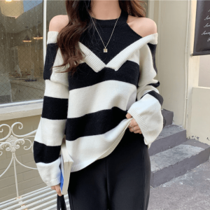 Y2K Open Shoulder Stripe Sweater: Trendy Summer Layering Essential