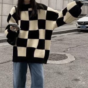 Y2K Oversized Checkered Sweater for Cozy Grunge Aesthetic Outfits