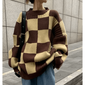 Y2K Oversized Checkered Sweater for Cozy Grunge Aesthetic Outfits