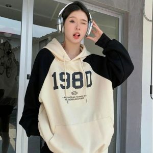 Y2K Oversized Patchwork Hoodie for Trendy Grunge Aesthetic Outfits