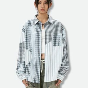 Y2K Patchwork Striped & Plaid Shirt for Trendy Summer Outfits