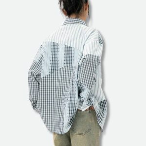 Y2K Patchwork Striped & Plaid Shirt for Trendy Summer Outfits