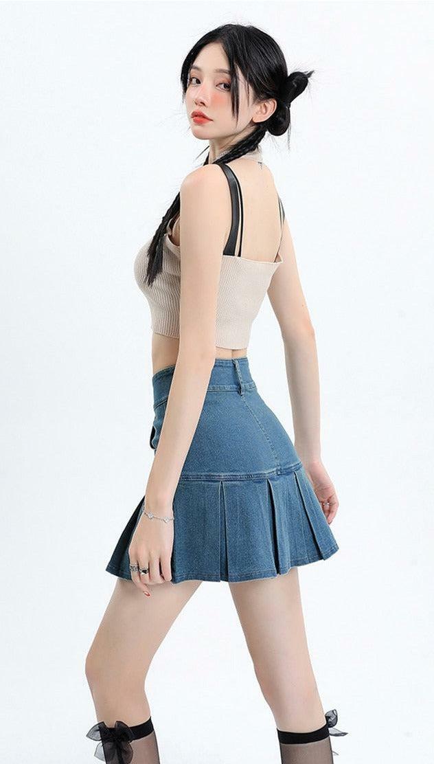 Y2K Pleated Denim Mini Skort for Trendy Summer Outfits