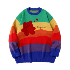 Y2K Rainbow Bear Sweater: Cute Grunge Aesthetic for Summer Outfits