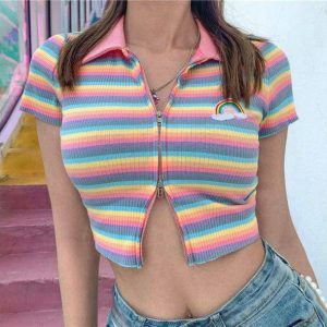 Y2K Rainbow Zipper Up Top: Trendy Summer Aesthetic for Effortless Style