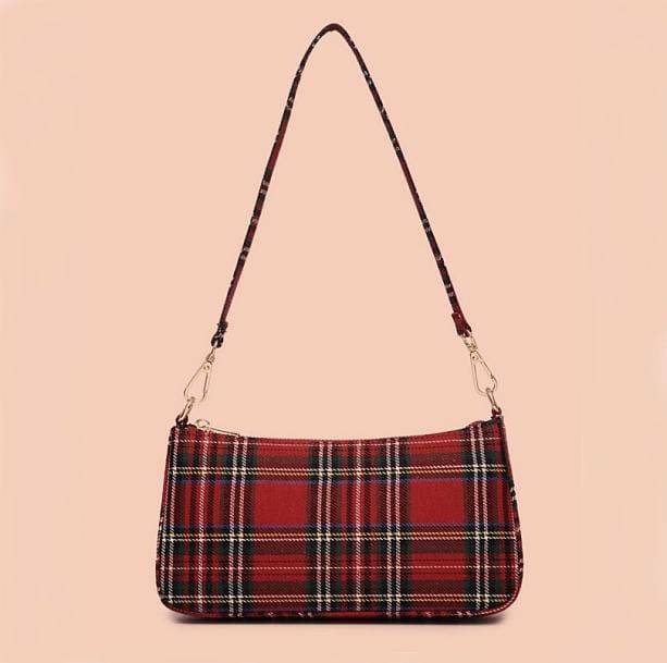 Y2K Red Plaid Handbag: Trendy Grunge Aesthetic Accessory for Outfits