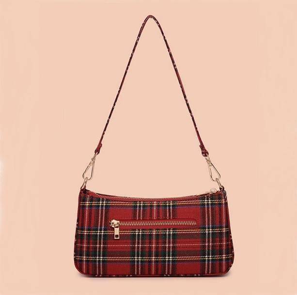 Y2K Red Plaid Handbag: Trendy Grunge Aesthetic Accessory for Outfits