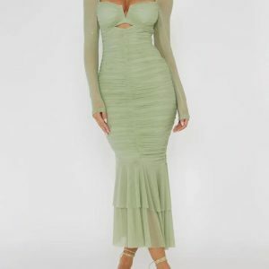 Y2K Ruched Bodycon Midi Dress - Trendy Summer Outfit for Effortless Style