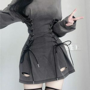 Y2K Smoke Lace-Up Mini Dress: Trendy Grunge Aesthetic for Summer Outfits