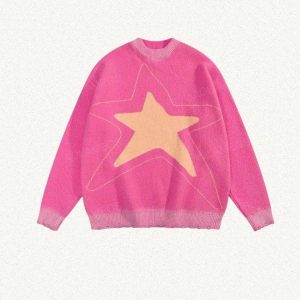 Y2K Star Distressed Sweater: Trendy Grunge Style for Y2K Fashion Lovers