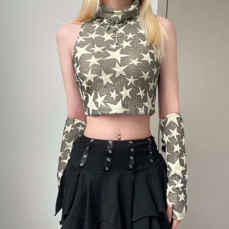 Y2K Star Embroidered Crop Top for Trendy Summer Outfits and Aesthetic Looks