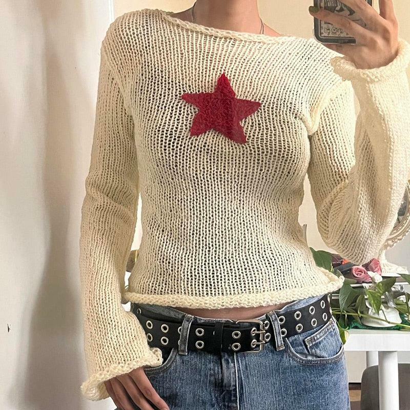 Y2K Star Embroidery Knitted Top for Trendy Summer Outfits