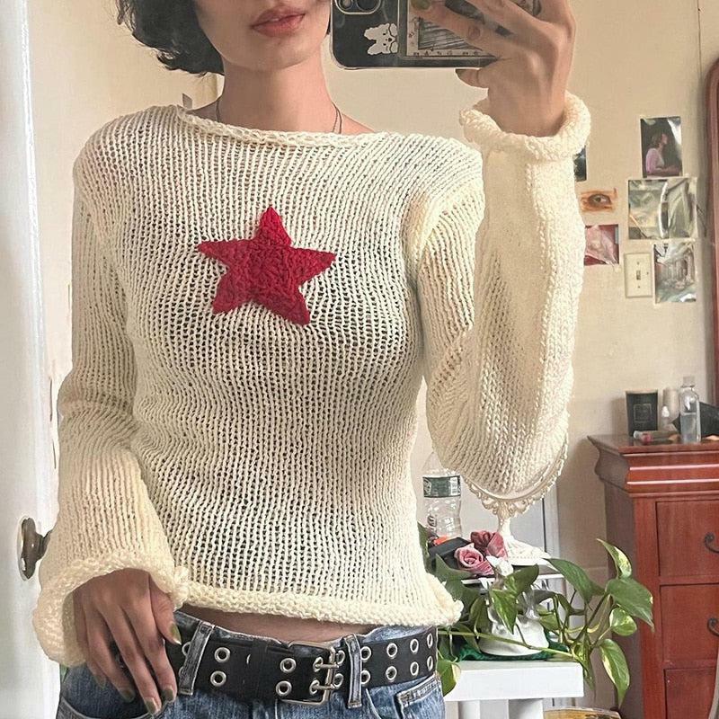 Y2K Star Embroidery Knitted Top for Trendy Summer Outfits