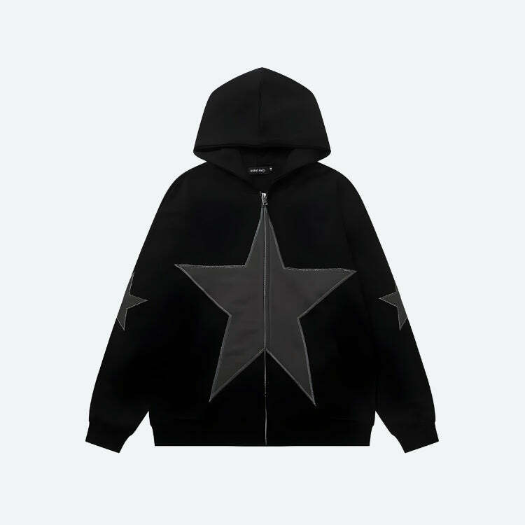 Y2K Star Patch Zip-Up Hoodie: Trendy Grunge Aesthetic for Summer Outfits