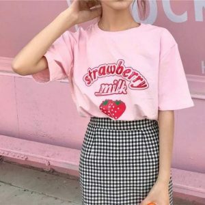 Y2K Strawberry Milk Graphic Tee - Cute Summer Outfit Essential