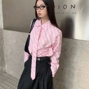 Y2K Striped Button-Up Shirt with Matching Tie for Trendy Outfits