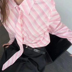 Y2K Striped Button-Up Shirt with Matching Tie for Trendy Outfits