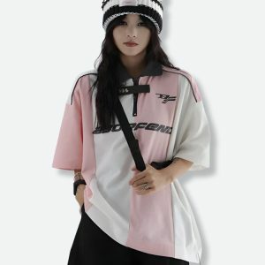 Y2K Striped Half Zip-Up Jersey Top for Trendy Summer Outfits