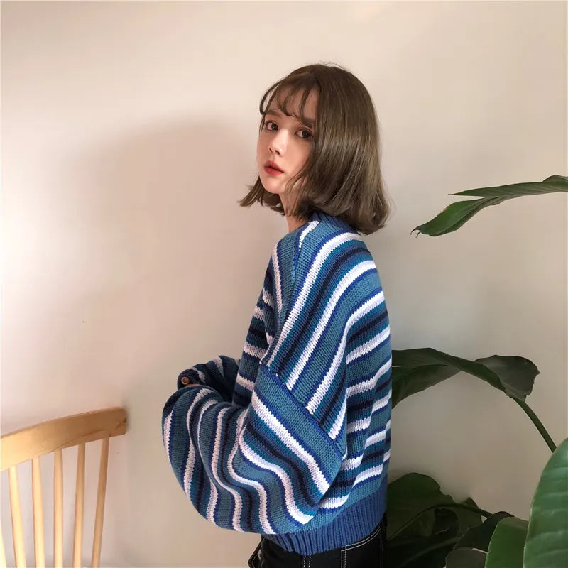 Y2K Striped Knitted Sweater with Wide Sleeves for Trendy Summer Outfits