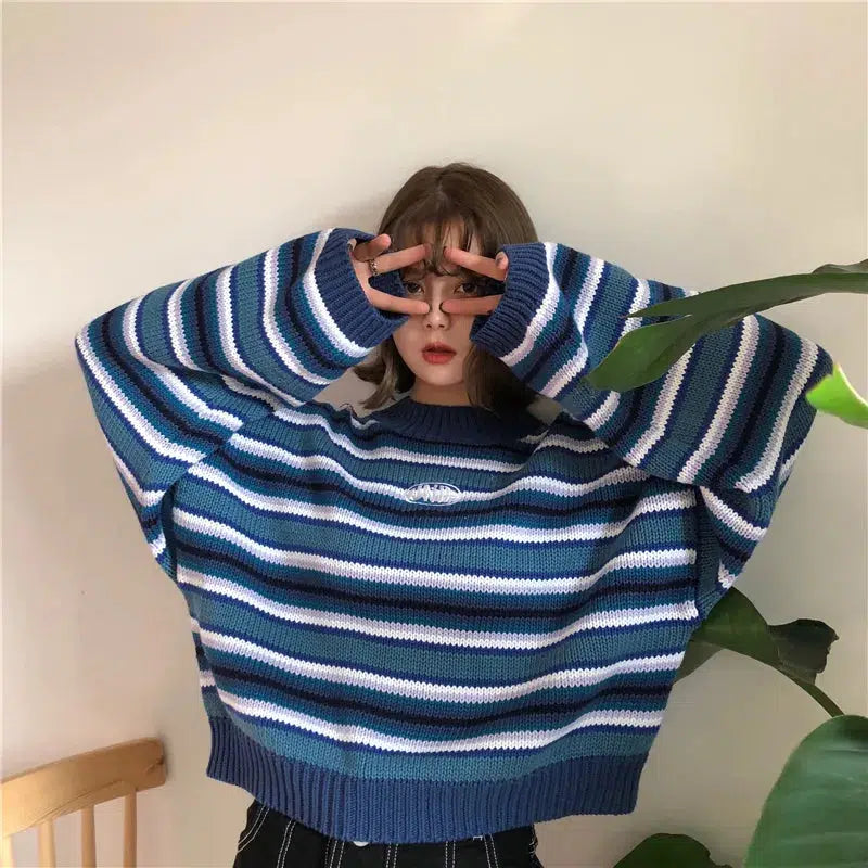 Y2K Striped Knitted Sweater with Wide Sleeves for Trendy Summer Outfits