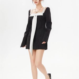 Y2K Striped Lace Bow Mini Dress for Summer Aesthetic Outfits