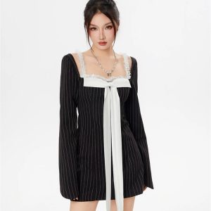 Y2K Striped Lace Bow Mini Dress for Summer Aesthetic Outfits