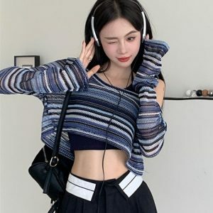 Y2K Striped Wide Neck Crop Sweater for Trendy Summer Outfits