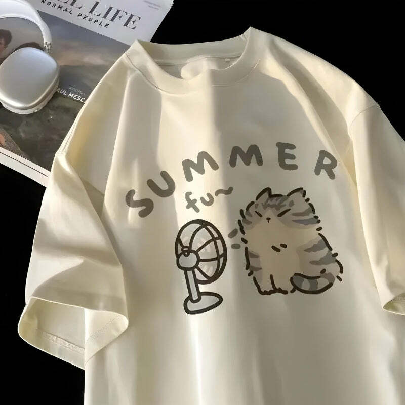 Y2K Summer Cat Tee: Cute Aesthetic Top for 90s Fashion Lovers