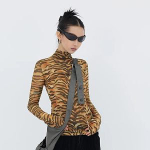 Y2K Tiger Mesh Top: Trendy Grunge Aesthetic for Summer Outfits