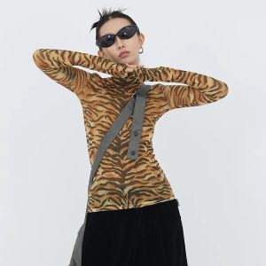 Y2K Tiger Mesh Top: Trendy Grunge Aesthetic for Summer Outfits